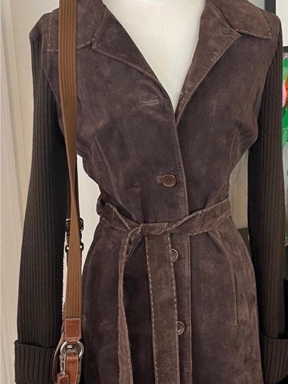 Women's Brown Suede Belted Trench Coat